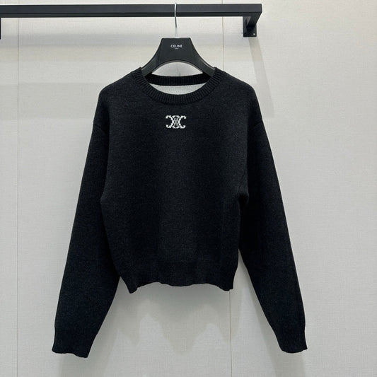 Celin Embroidered Crew Neck Sweater Black Wool 346096
