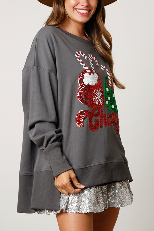 Sudadera informal holgada con lentejuelas y taza de dulces navideños