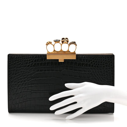 Calfskin Crocodile Embossed Knuckle Flat Clutch Black Gold