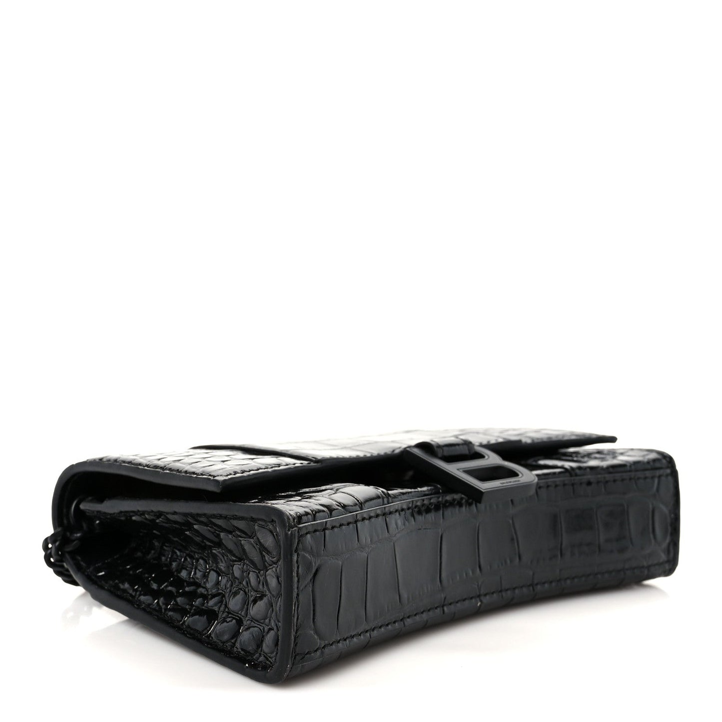 Shiny Calfskin Monochrome Crocodile Embossed Hourglass Chain Bag Black
