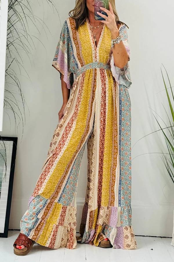 Mono holgado de pierna ancha con bolsillos y mangas acampanadas con estampado floral retro de Last Queen