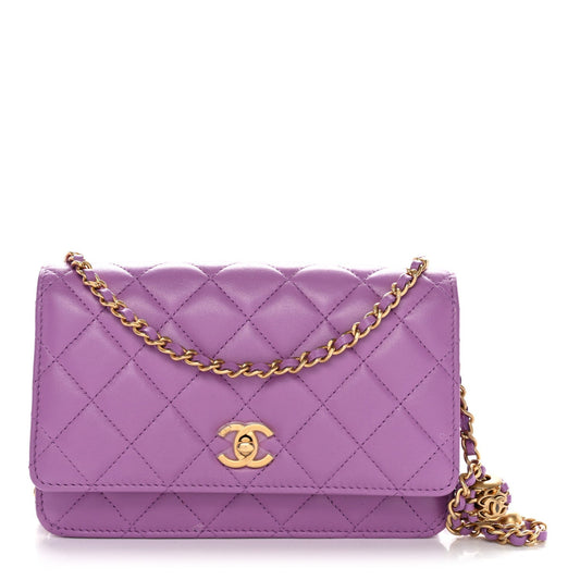 Lambskin Quilted CC Pearl Crush Wallet on Chain WOC Purple
