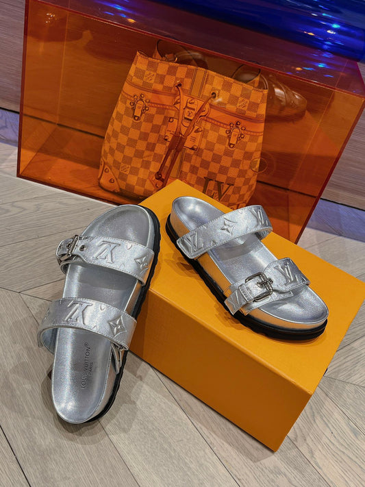 LV 2025 Monogram-embossed Silver Metallic Calfskin Sandal 437407