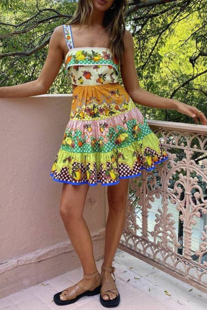 Vestido mini veraniego multicolor con dobladillo preatado en limón