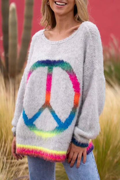 Suéter holgado con estampado de arcoíris de amor y paz 