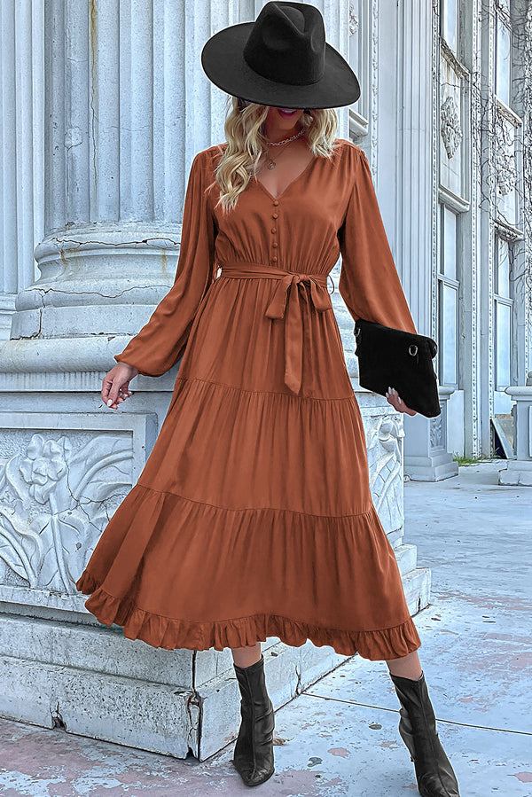 Vestido plisado con dobladillo con volantes y mangas farol con nudo canela 
