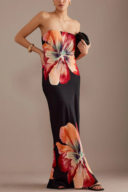 Vestido largo bandeau holgado con estampado floral de satén para dama encantadora