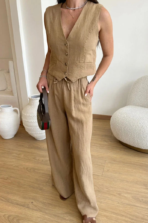 Casual Solid Color Cotton Linen Vest \u0026 Lace-Up Pants Two-Piece Set