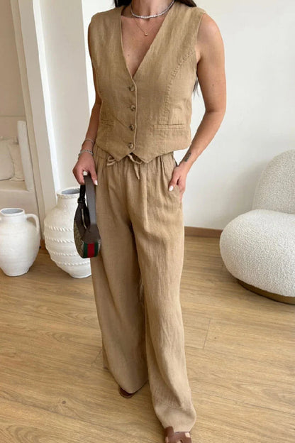 Casual Solid Color Cotton Linen Vest \u0026 Lace-Up Pants Two-Piece Set