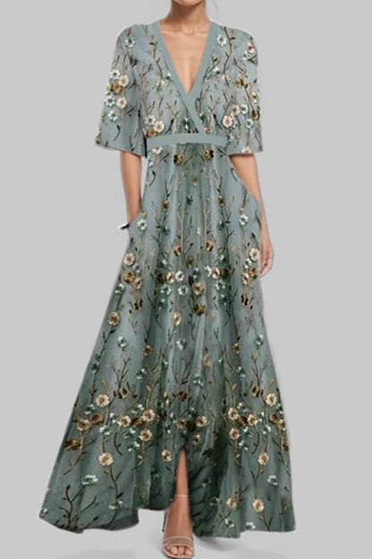 Vestido de manga larga con escote en V y cintura ajustada con temperamento