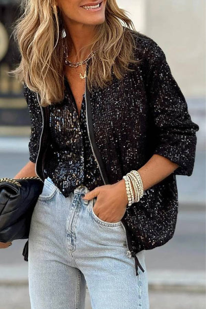 Chaqueta negra con cremallera y lentejuelas 