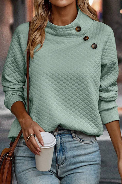 Sudadera casual con botones y cuello alto a cuadros de color liso