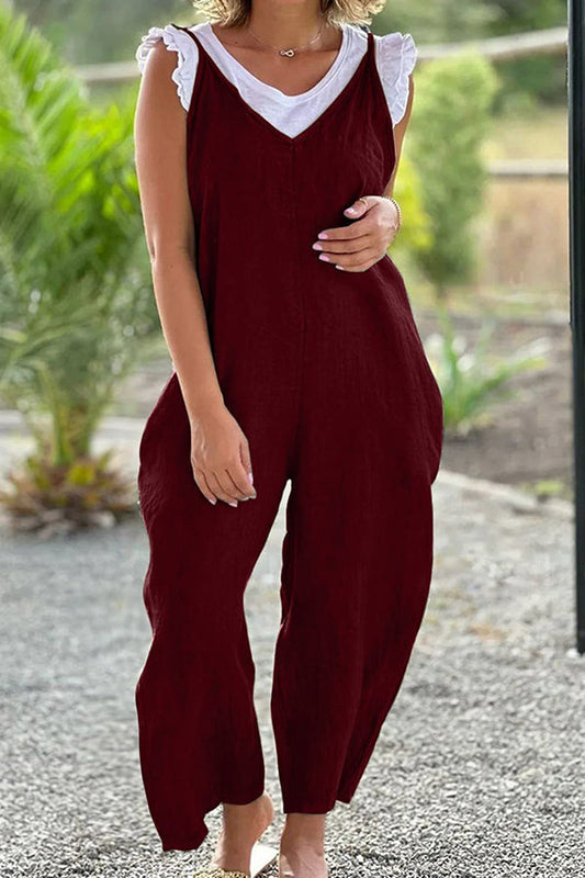 Mono largo de color liso con tirantes y pantalones anchos con escote en V