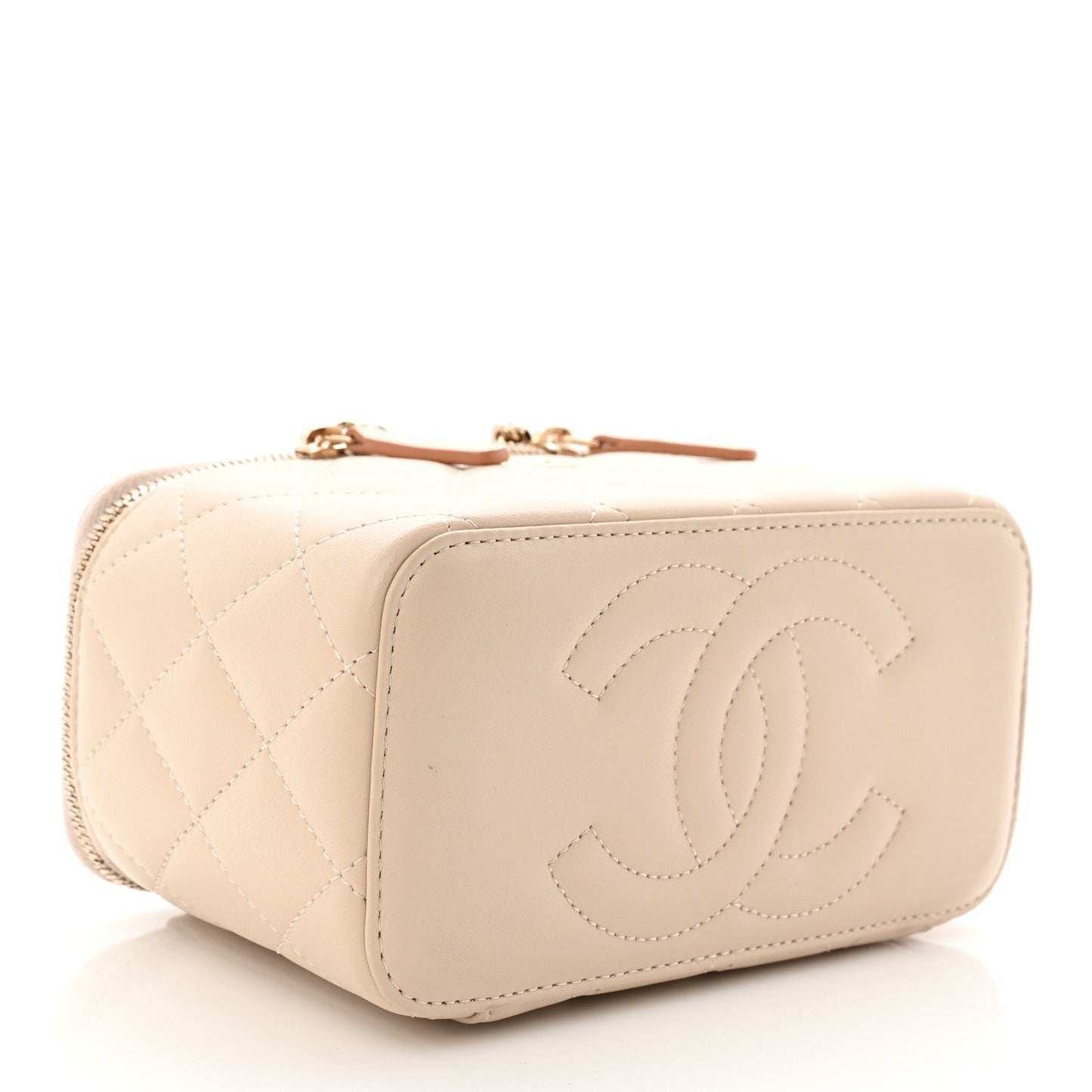 Lambskin Quilted Small Top Handle Vanity Case With Chain Ecru Dark Beige