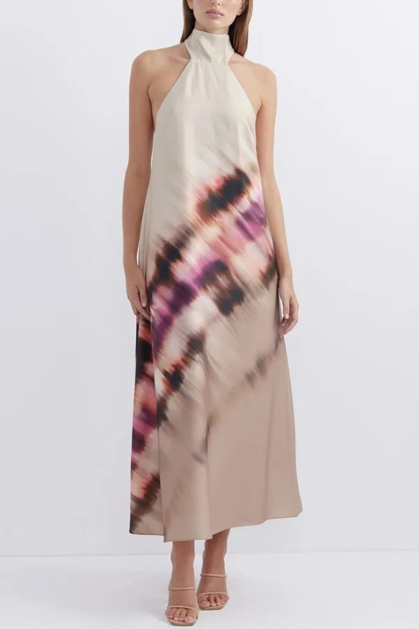 Vestido largo con cuello halter, espalda descubierta y cordones, estampado único