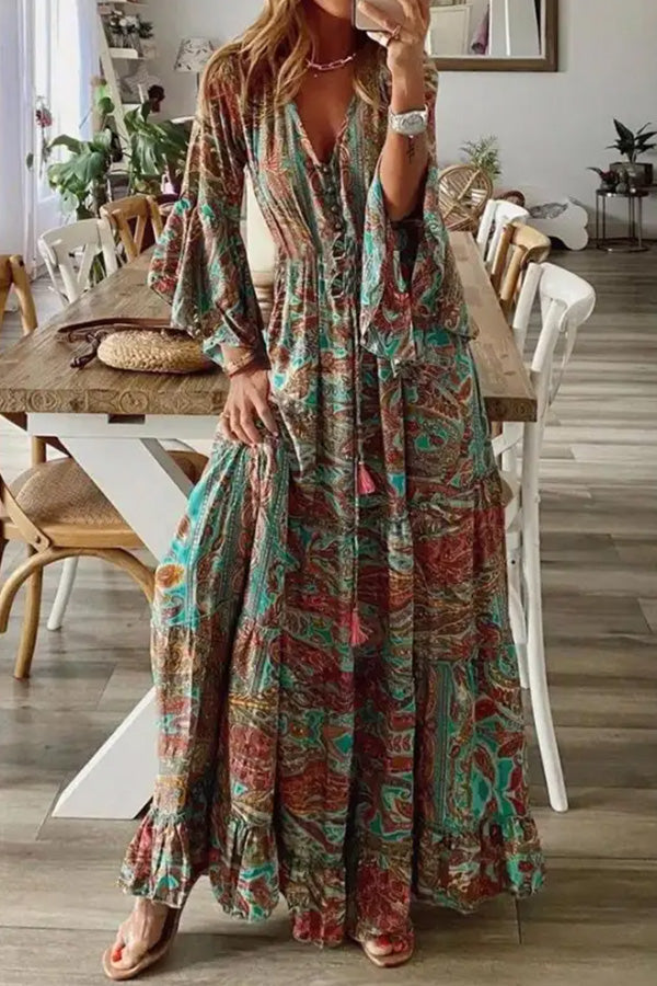 Vestido maxi de vacaciones de manga larga con cuello en V y estampado peris suelto