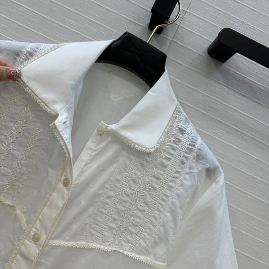 Prada 25 Lace Short-sleeved Shirt White Cotton