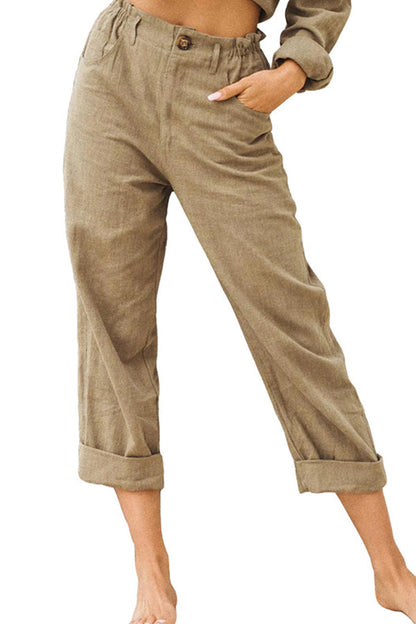 Pantalones casuales de cintura alta holgados de moda de algodón y lino de color sólido