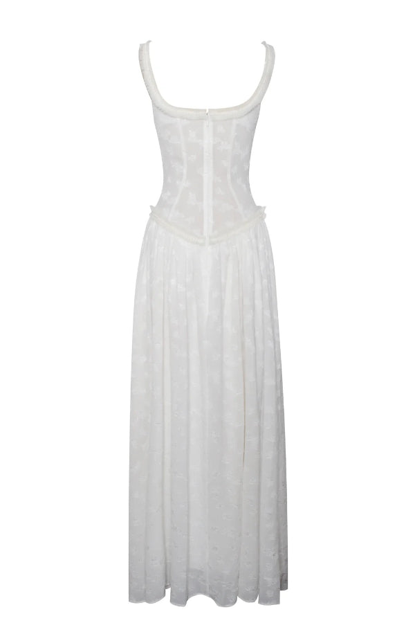 Vestido largo Ulissa verde claro con escote cuadrado, textura jacquard y abertura alta