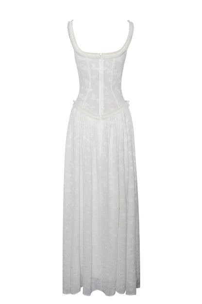 Vestido largo Ulissa verde claro con escote cuadrado, textura jacquard y abertura alta