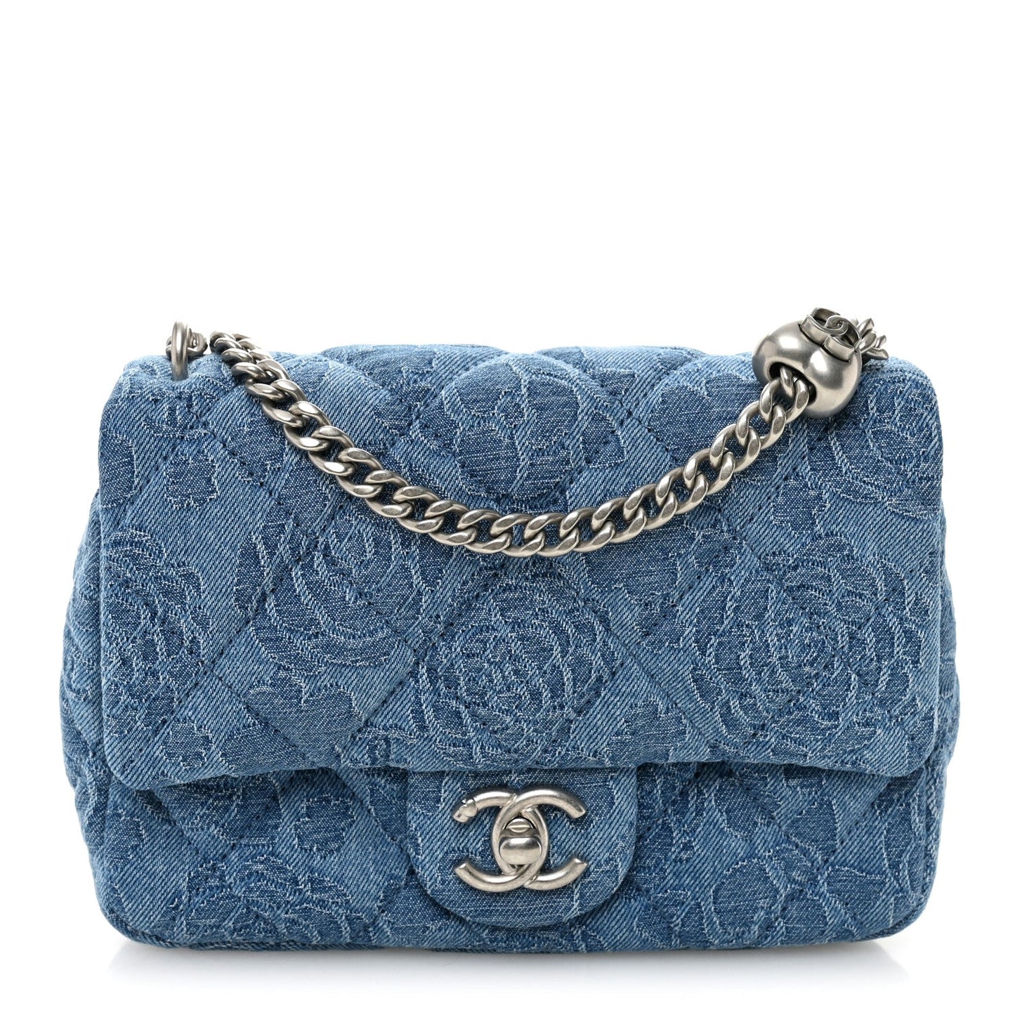 Denim Quilted Camellia Sweetheart Mini Flap Blue