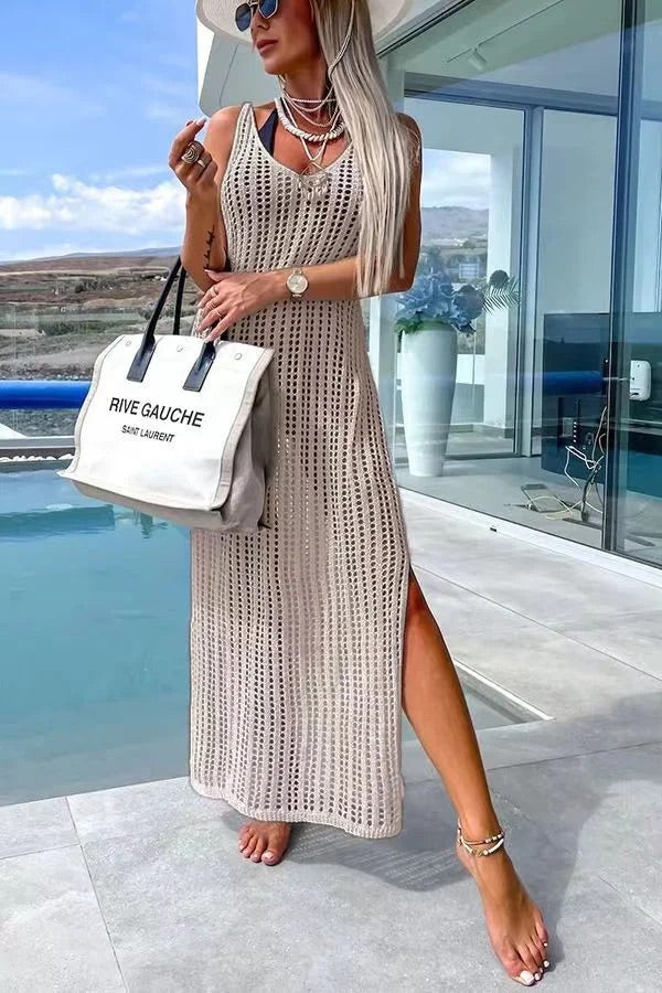 Vestido largo con espalda cruzada y tejido a crochet de Desert Island