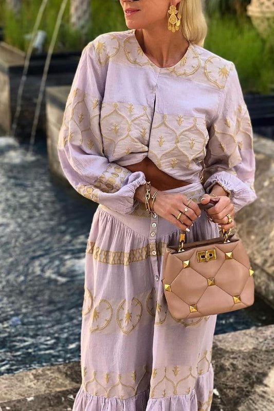 Mustard Yellow Printed Horizontal Long Sleeve Cropped Top