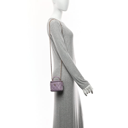 Lambskin Quilted Top Handle Mini Vanity Case With Chain Light Purple