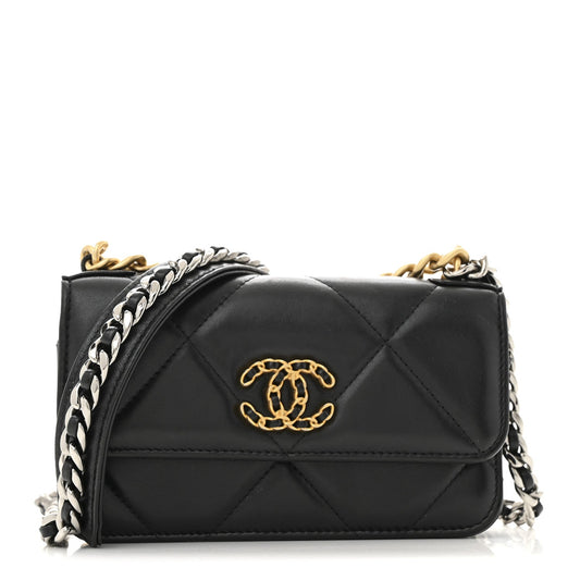 Lambskin Quilted Chanel 19 Flap Phone Holder With Chain Black