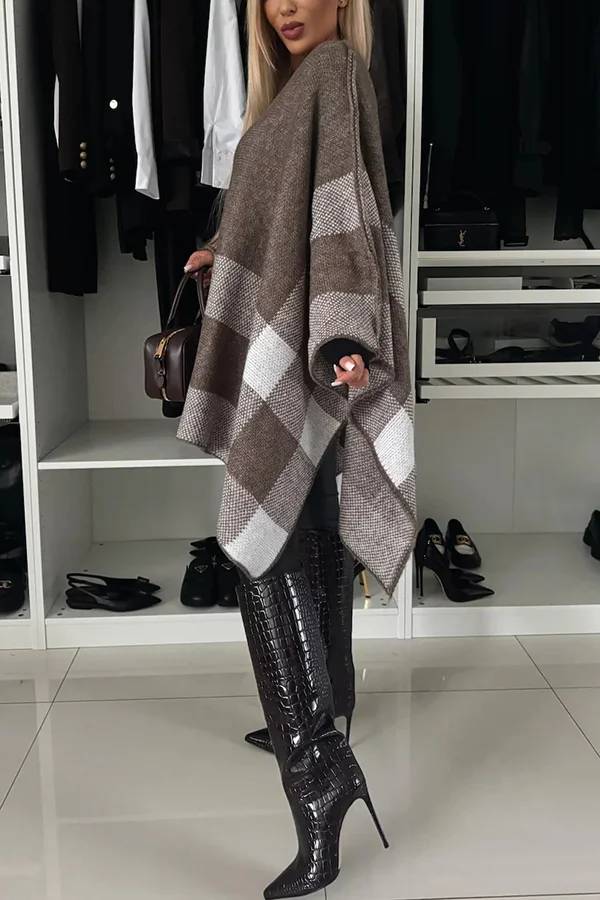Poncho holgado con mangas murciélago, de punto a cuadros y bloques de color, tranquilo y elegante 