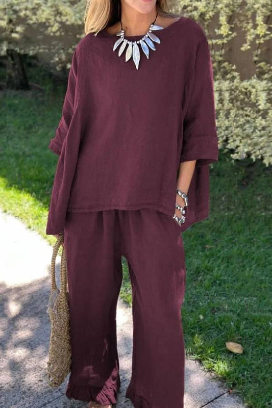 Conjunto informal de dos piezas de algodón y lino con top y pantalón holgados de color liso