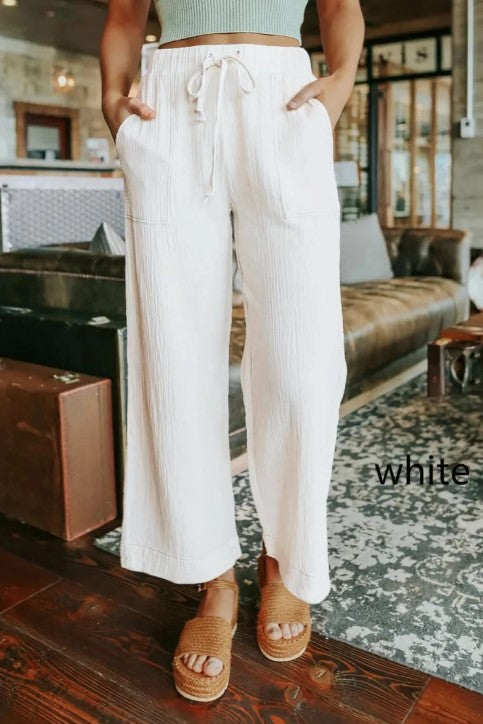 Pantalones anchos con cintura elástica y lazo para mujer