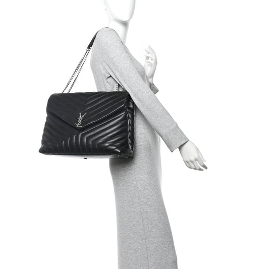 Calfskin Y Quilted Monogram Large Loulou Chain Satchel Black