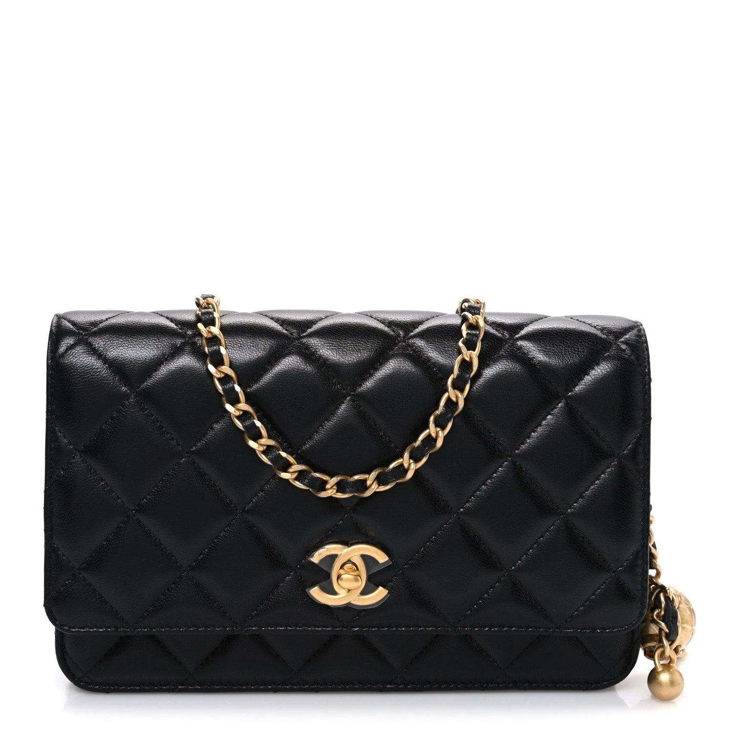 Lambskin Quilted CC Pearl Crush Wallet on Chain WOC Black