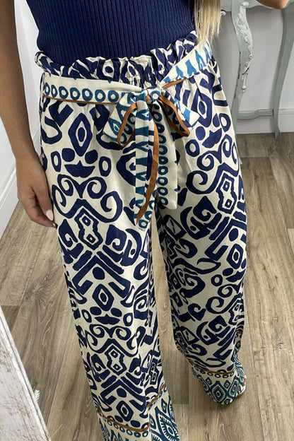 Pantalones con estampado tótem étnico y lazo en la cintura GALA