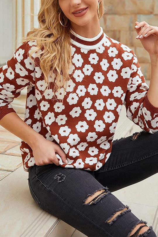 Suéter de punto con estampado floral y cuello alto, suéter ligero con bloques de color