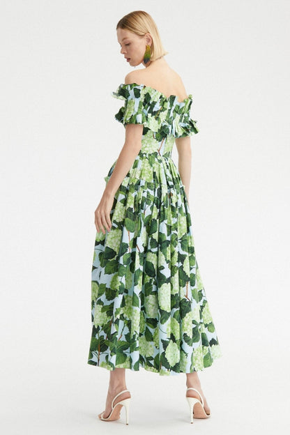 Vestido largo con hombros descubiertos, volantes y estampado Bess 