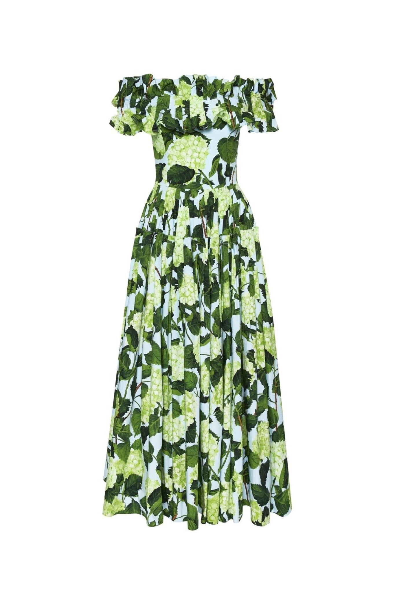 Vestido largo con hombros descubiertos, volantes y estampado Bess 