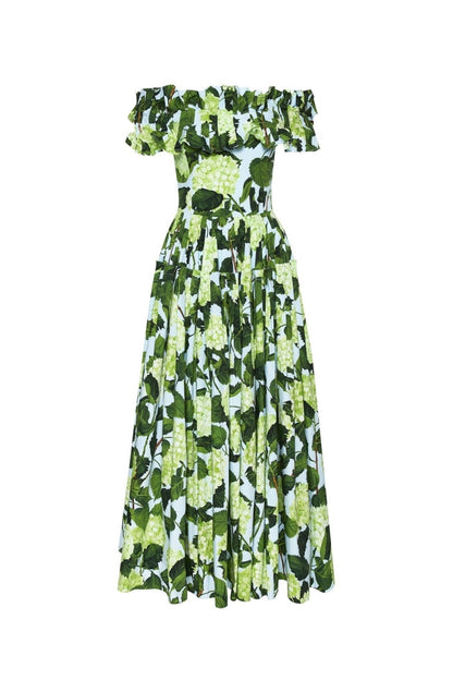 Vestido largo con hombros descubiertos, volantes y estampado Bess 