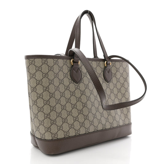 GG Supreme Monogram Textured Calfskin Small Ophidia Shoulder Tote Bag Beige Ebony New Acero