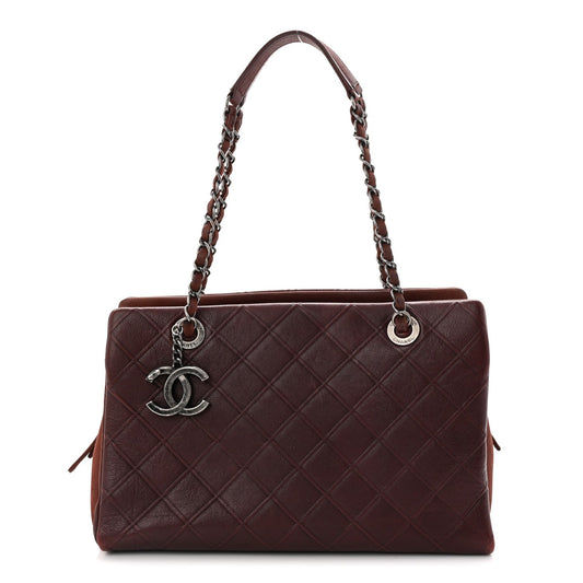 Calfskin Diamond Embossed Large CC Zip Shopping Tote Burgundy