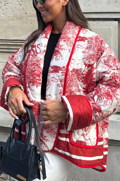Chaqueta tipo kimono de algodón acolchado con bolsillo y estampado de tinta de porcelana con canciones románticas 