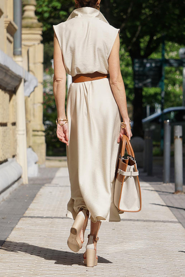 Vestido de corte A con cintura alta y cuello en V y cuello camisero 
