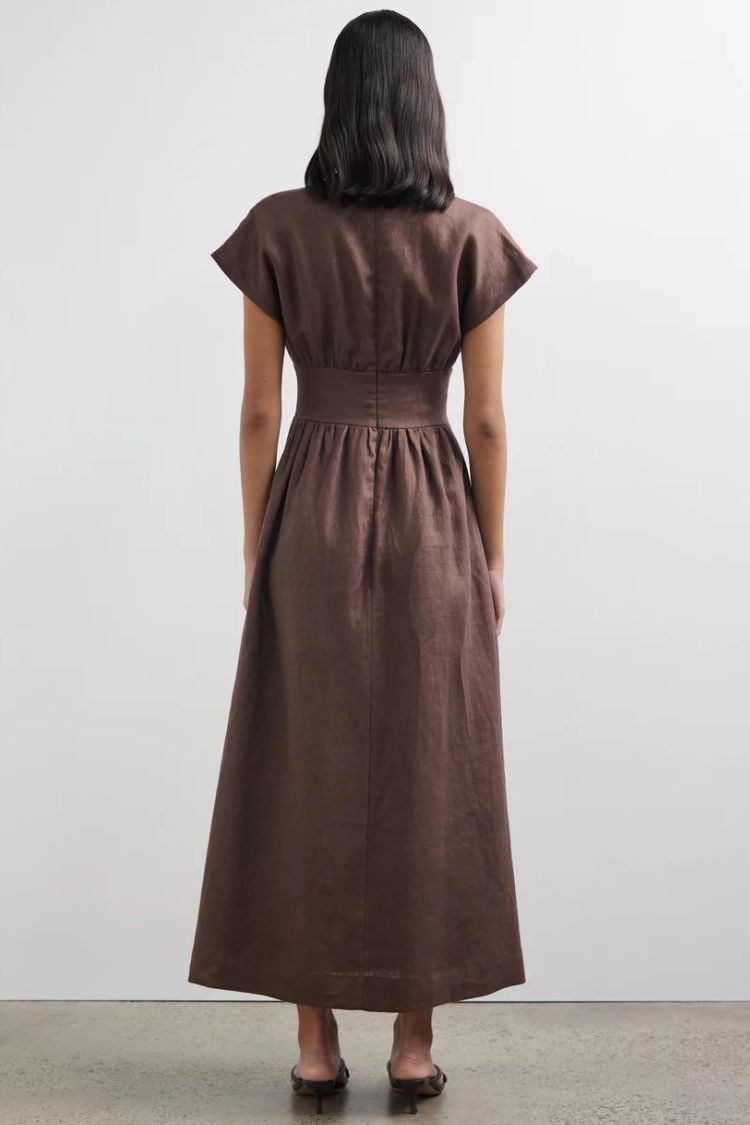 Vestido largo de cintura ajustada y manga corta en mezcla de lino Della
