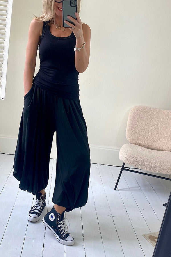 Pantalones holgados estilo harén con bolsillos y cintura elástica súper cómodos
