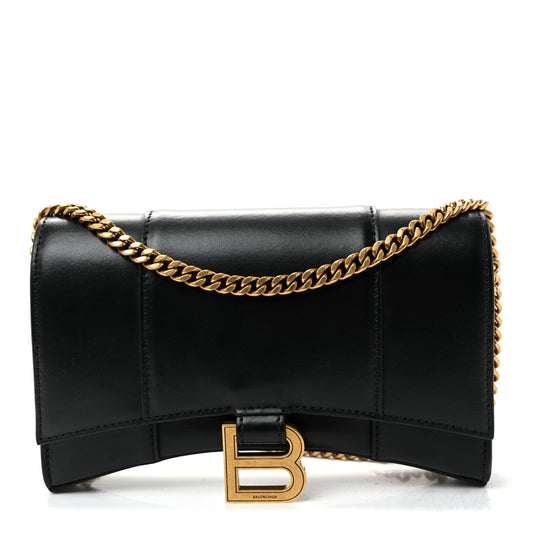 Shiny Box Calfskin Hourglass Chain Bag Black