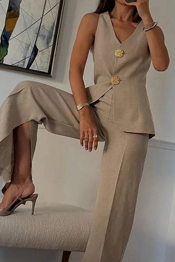 Conjunto de dos piezas de chaleco y pantalón de traje elegante de color liso sin mangas