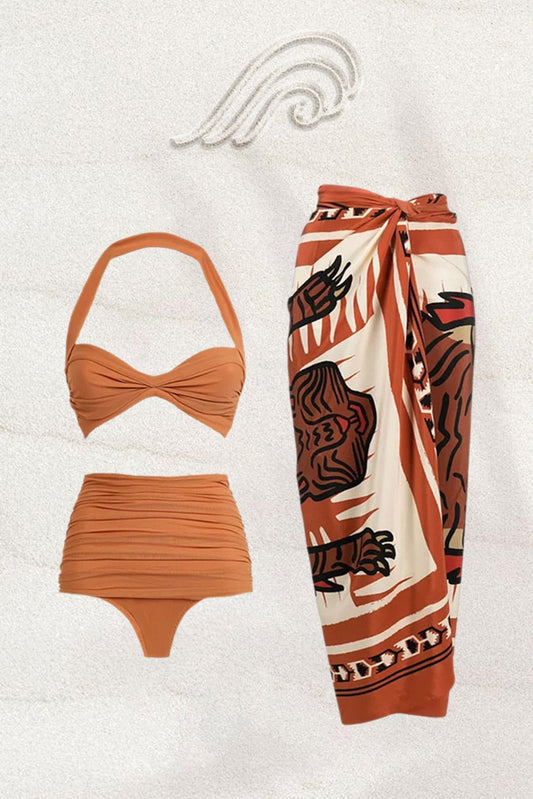 Conjunto de baño de tres piezas con cuello halter fruncido Brina 