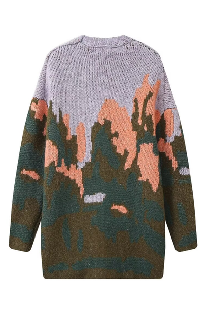 Abrigo de punto holgado con cuello en V y manga larga con estampado de paisaje 