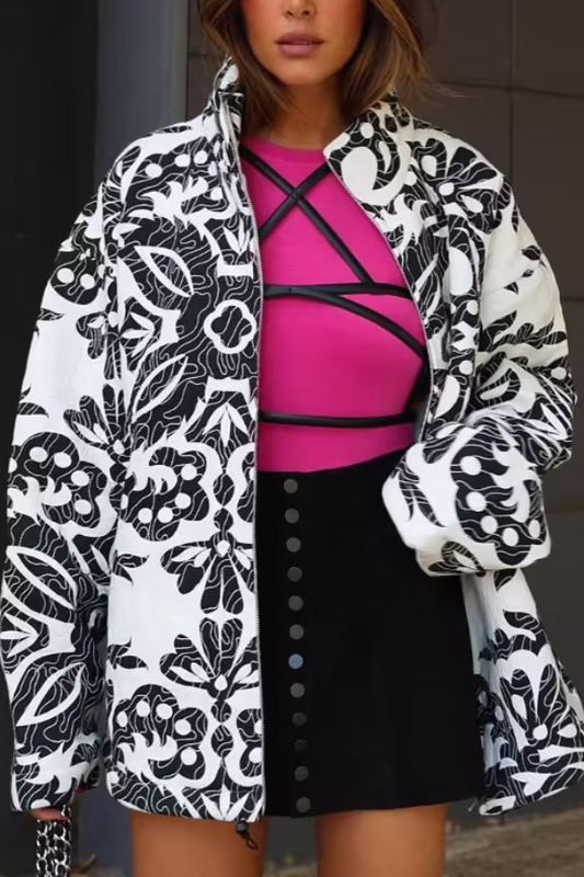 Chaqueta informal de algodón con cuello alto holgado y estampado 